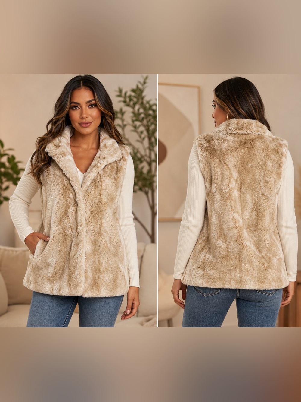 Kristen Blake Beige Faux Fur Vest Women’s Size S Chic Sleeveless Teddy Jacket